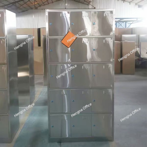 Stainless steel storage lockers in chemical plant facility