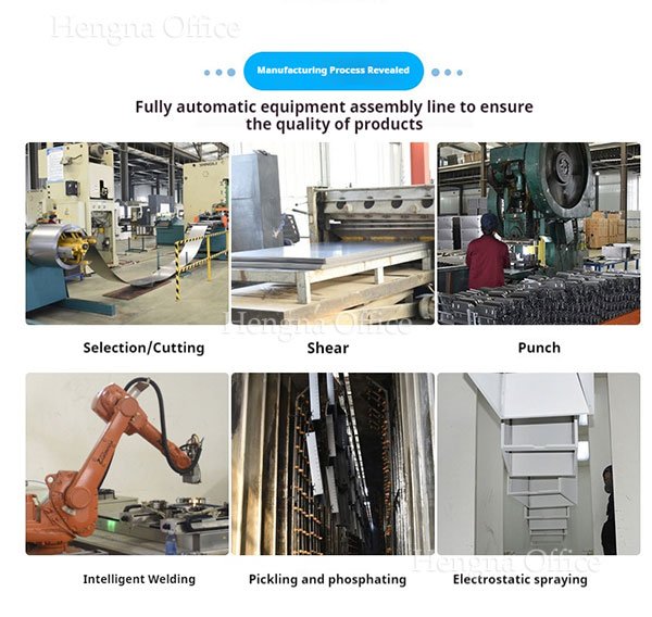 Automated electrostatic powder coating line and pickling process for steel furniture manufacturing.